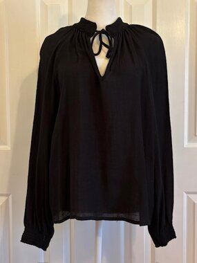 Brochu Walker Black Amaia Tie Neck Smocked Collar Blouse Women's Size Small